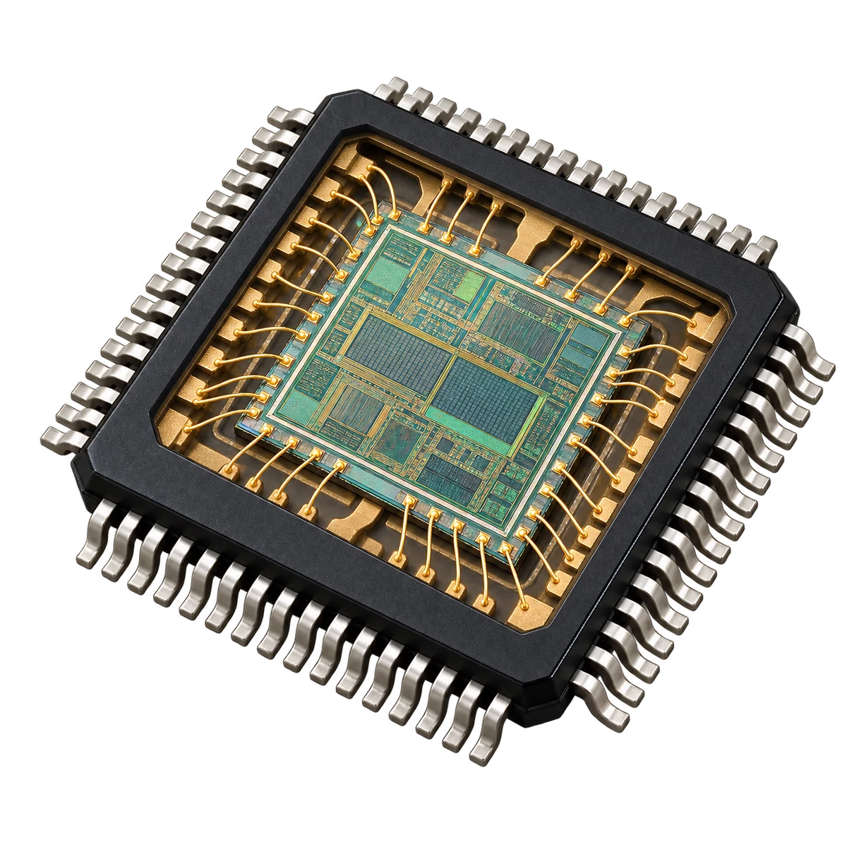 Generic programmable processor cutaway illustrating a silicon die, bond wires and internal interconnections