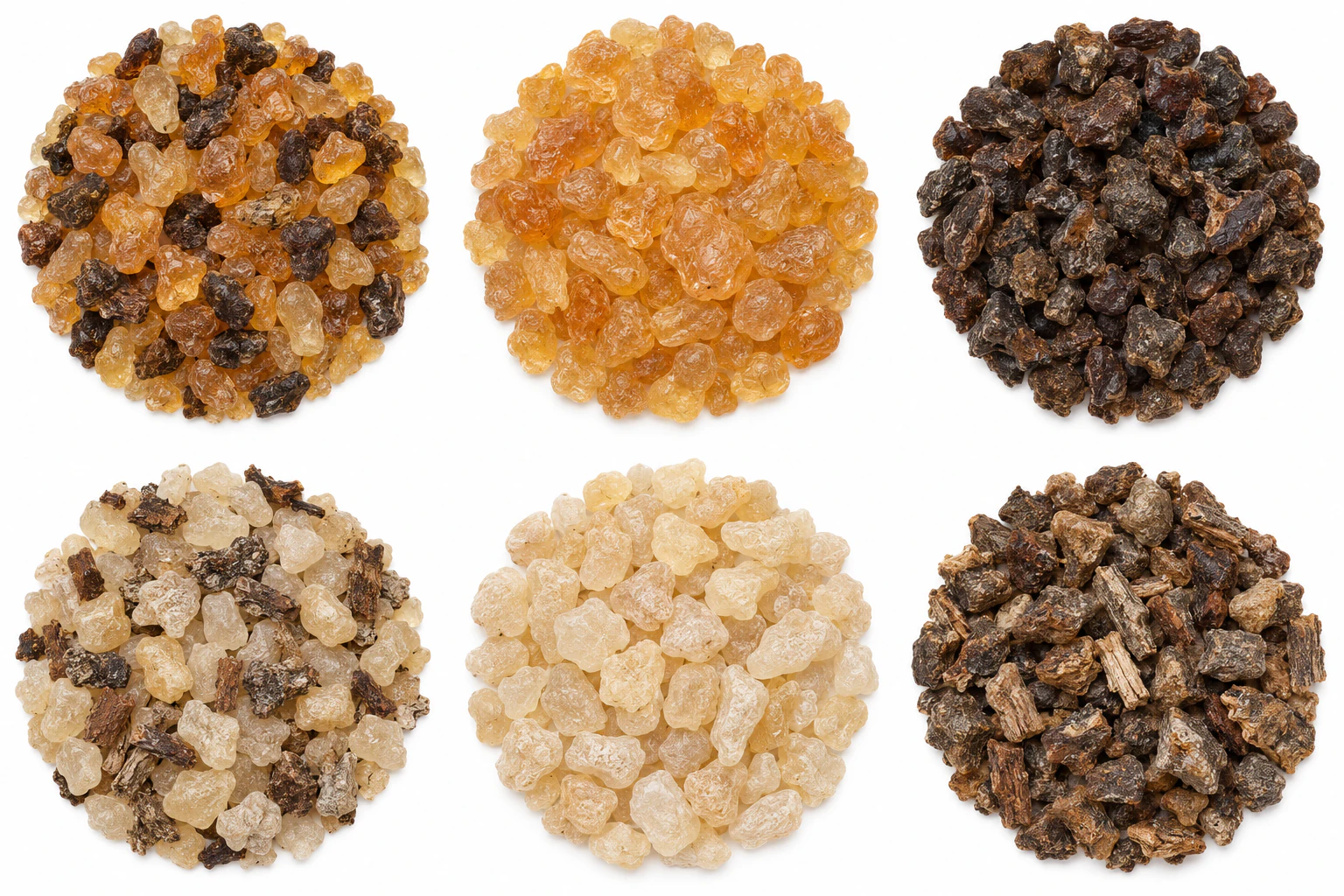 Mixture of golden gum arabic tears and very dark brown gum fragments