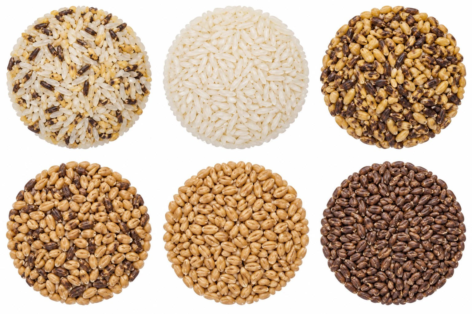 Mixture of long off-white clean rice grains and yellow and dark brown damaged rice grains