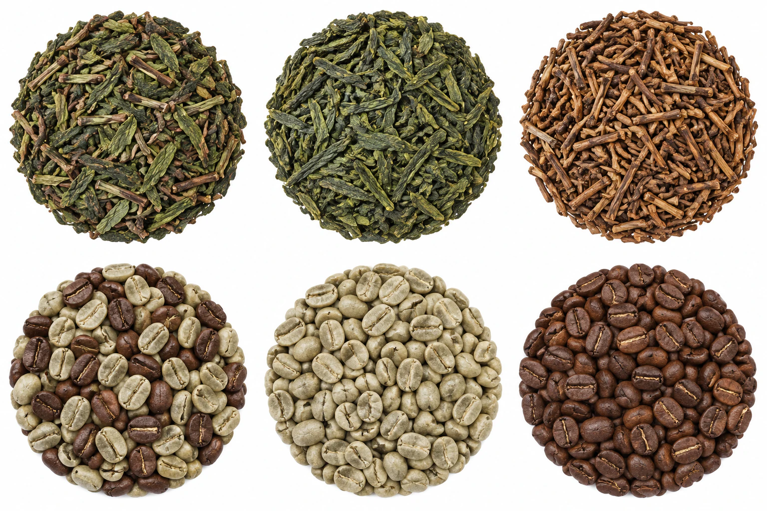 Mixture of green dried tea leaves and brown tea stems