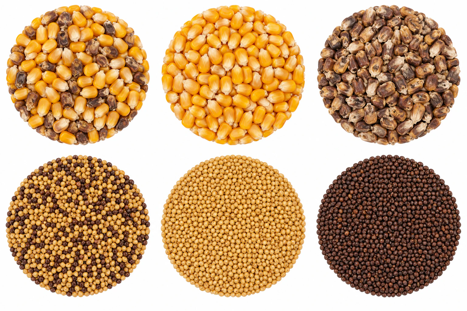 Mixture of bright yellow maize kernels and brown damaged maize kernels