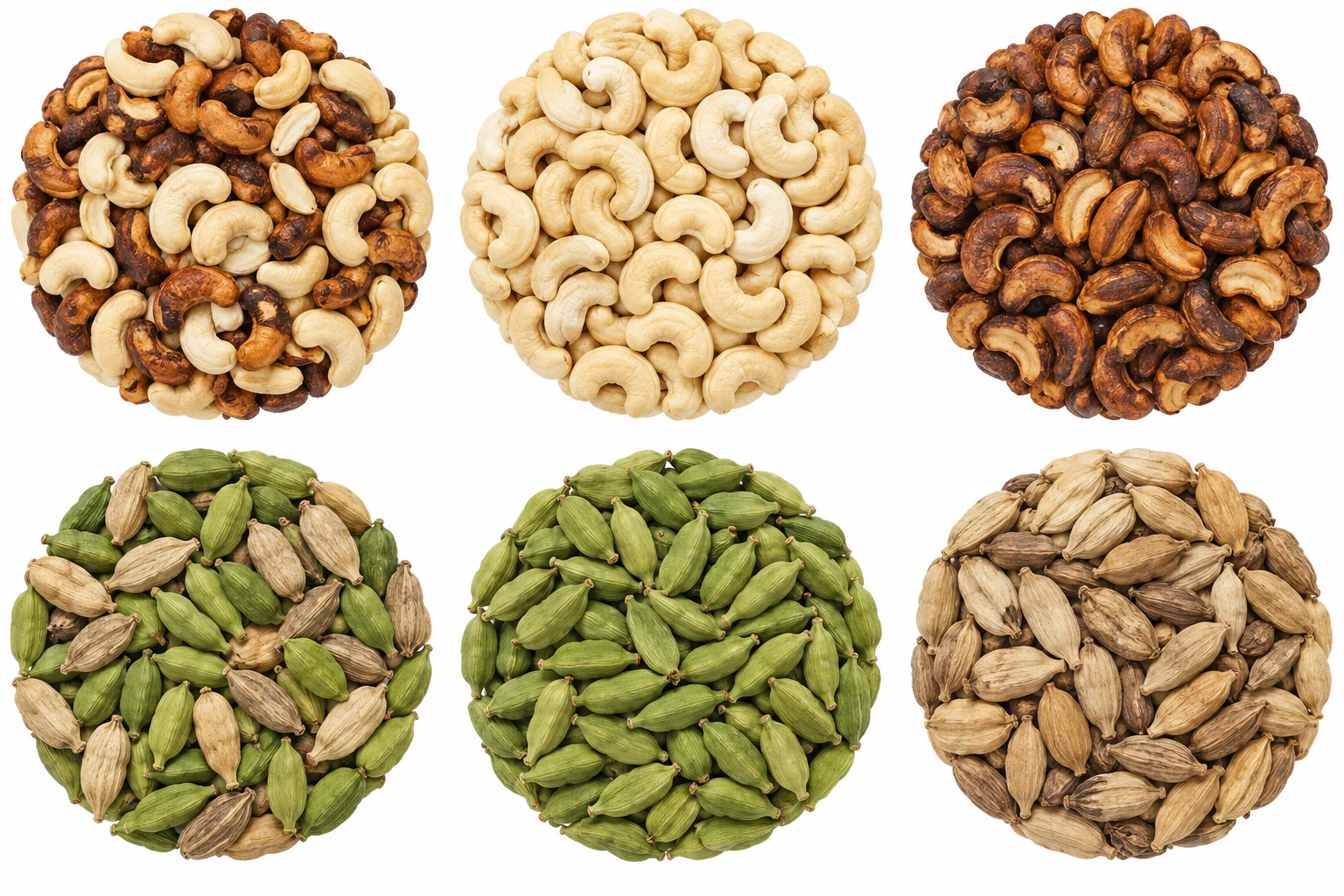 Mixture of pale ivory cashew kernels and dark browned cashew pieces