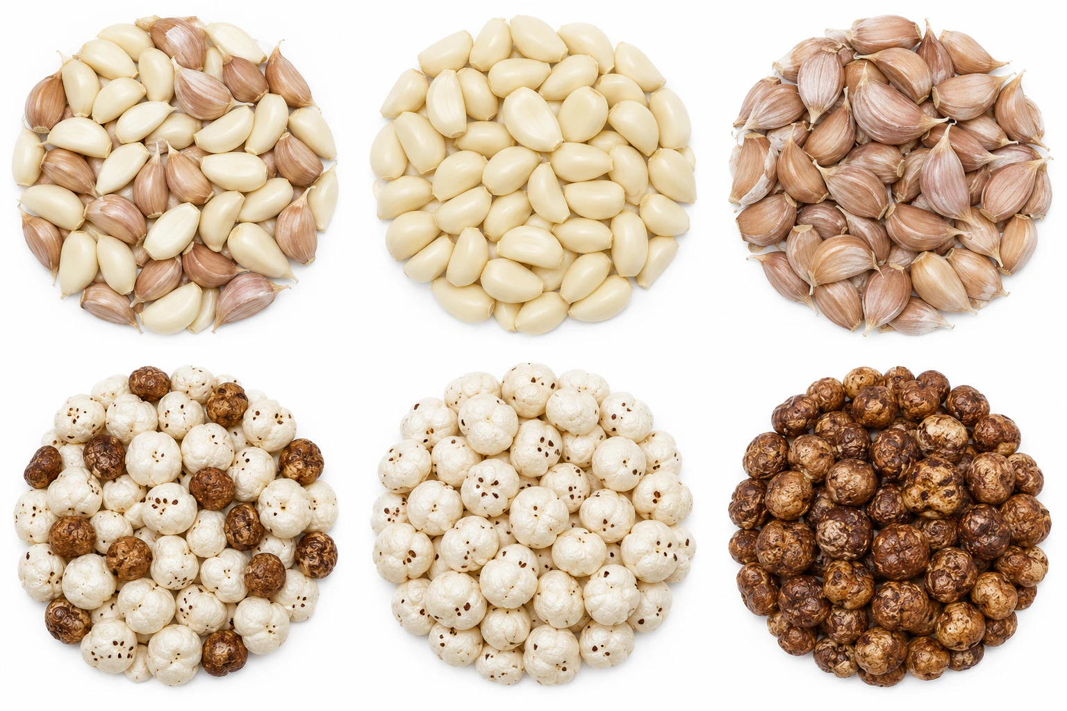 Mixture of peeled ivory-white garlic cloves and unpeeled tan garlic cloves for repeeling